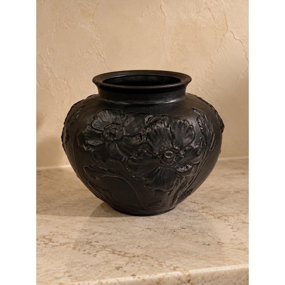 Tiffin Black Amethyst Satin Glass Vase Raised Poppy Design circa 1920's - 1930's